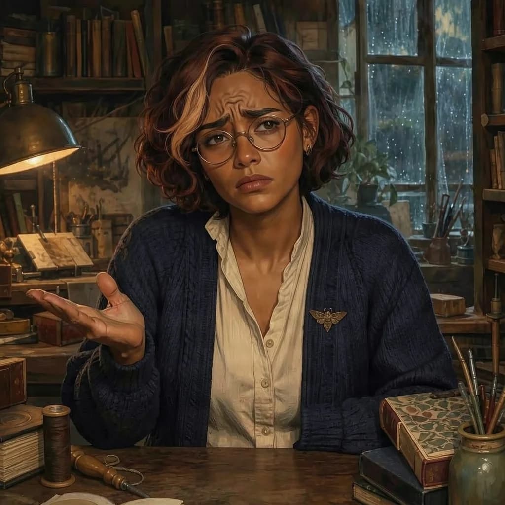 The same portrait of Juniper, now with a furrowed brow and one palm turned up in worry