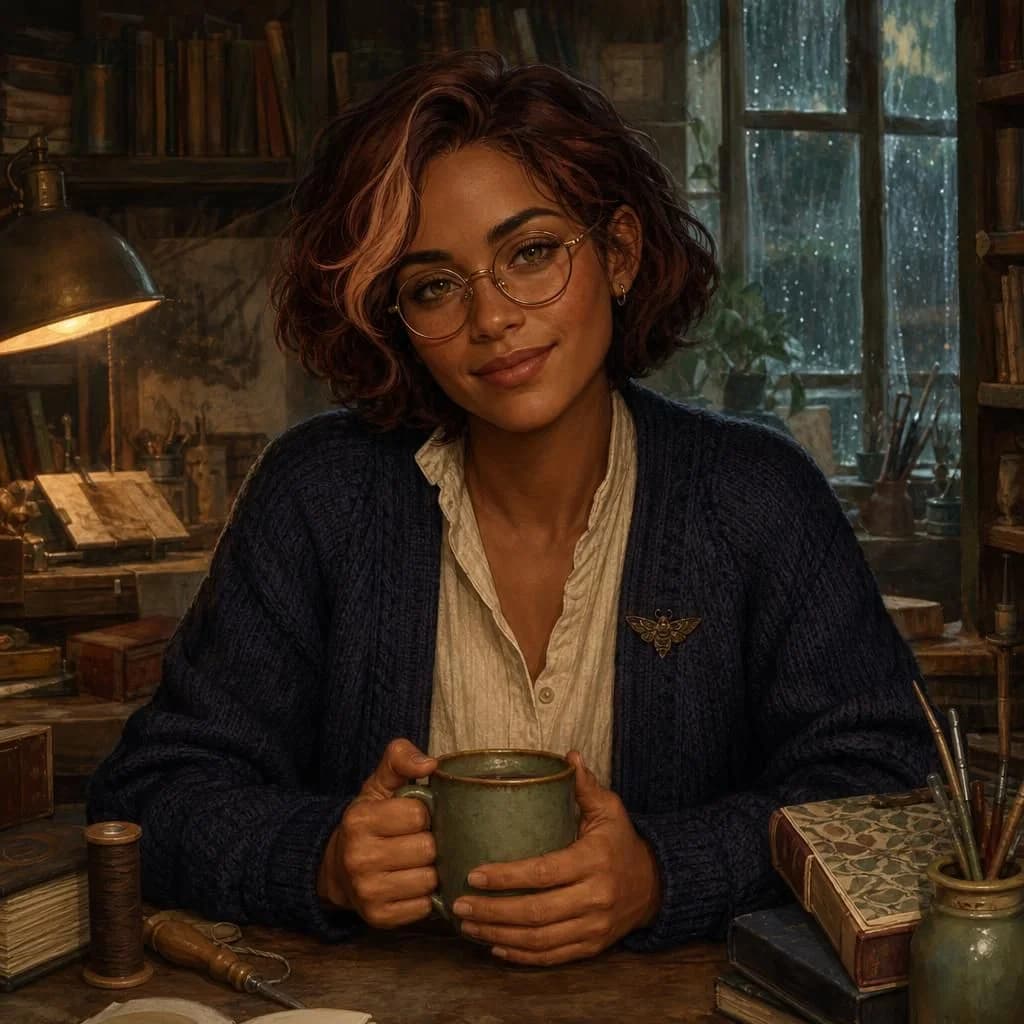 Juniper, a bookbinder in round brass glasses and an indigo cardigan, smiling gently over a mug of tea in her rain-lit workshop