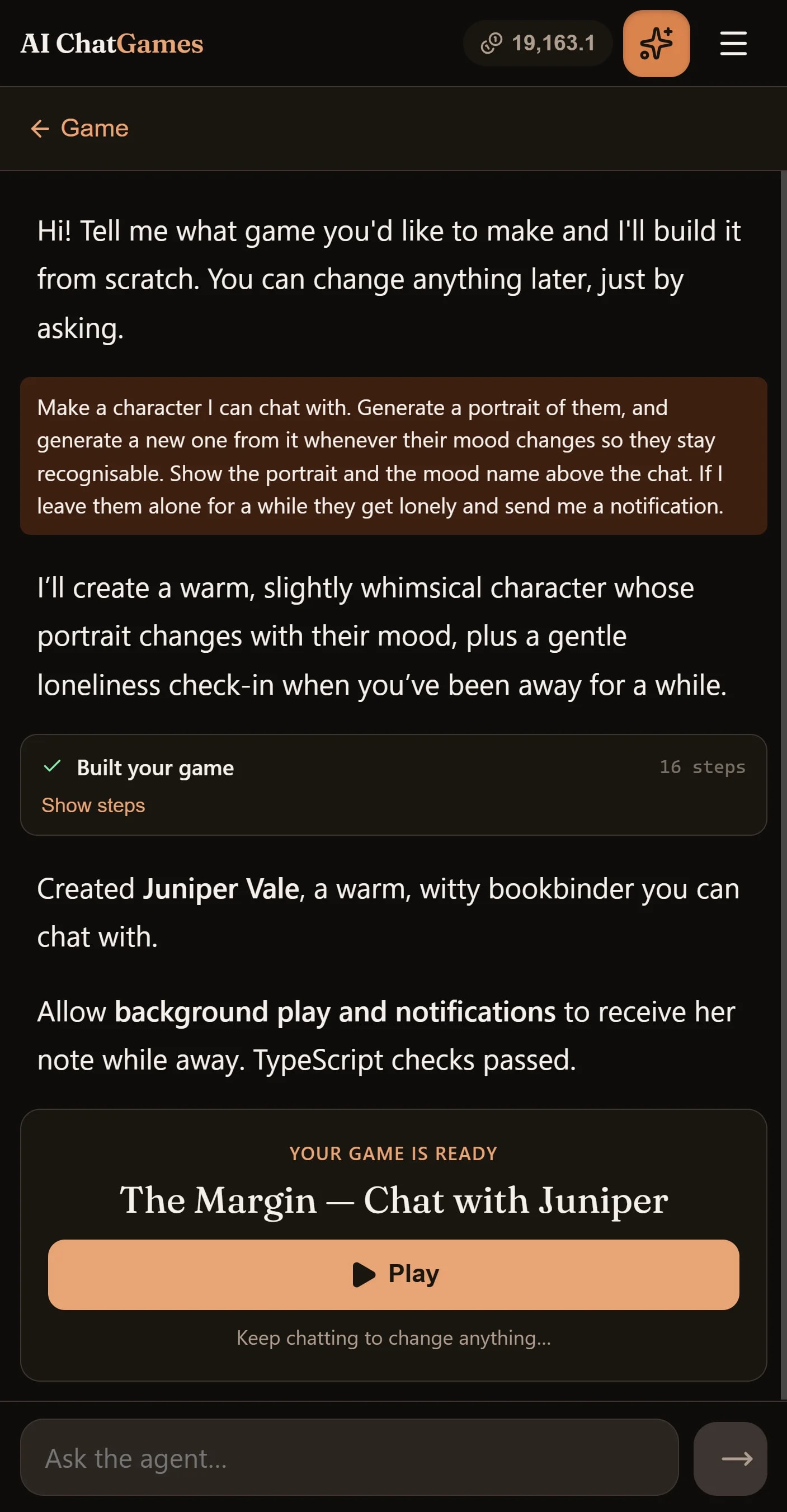 The coding agent on a phone: a prompt asking for a character to chat with, whose portrait changes with their mood; the agent’s plan; a “Built your game” card; and a Play button for “The Margin — Chat with Juniper”.