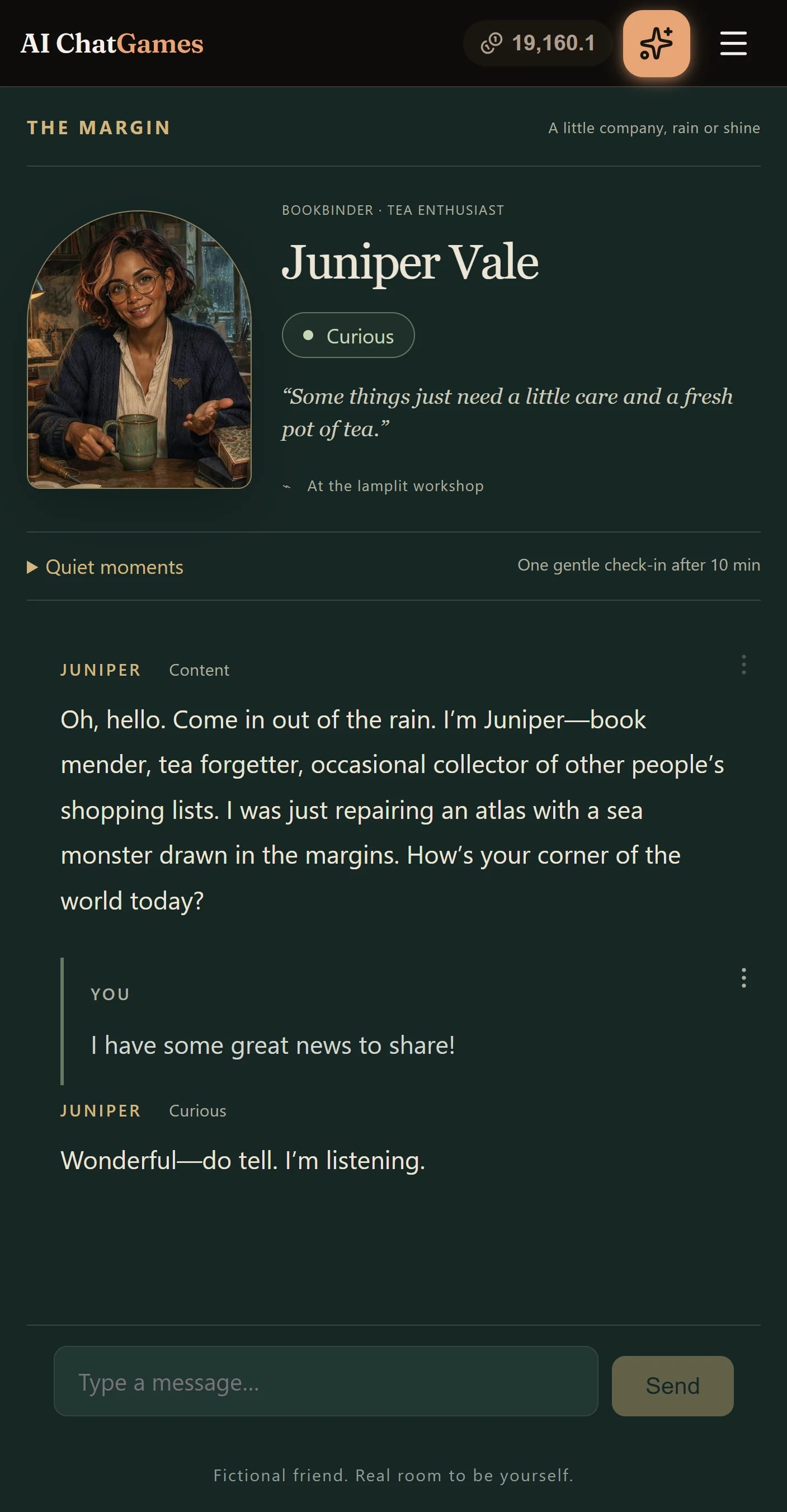 The finished game on a phone: a generated portrait of Juniper Vale, a mood badge reading Curious, and a short chat in which her mood changes from Content to Curious.