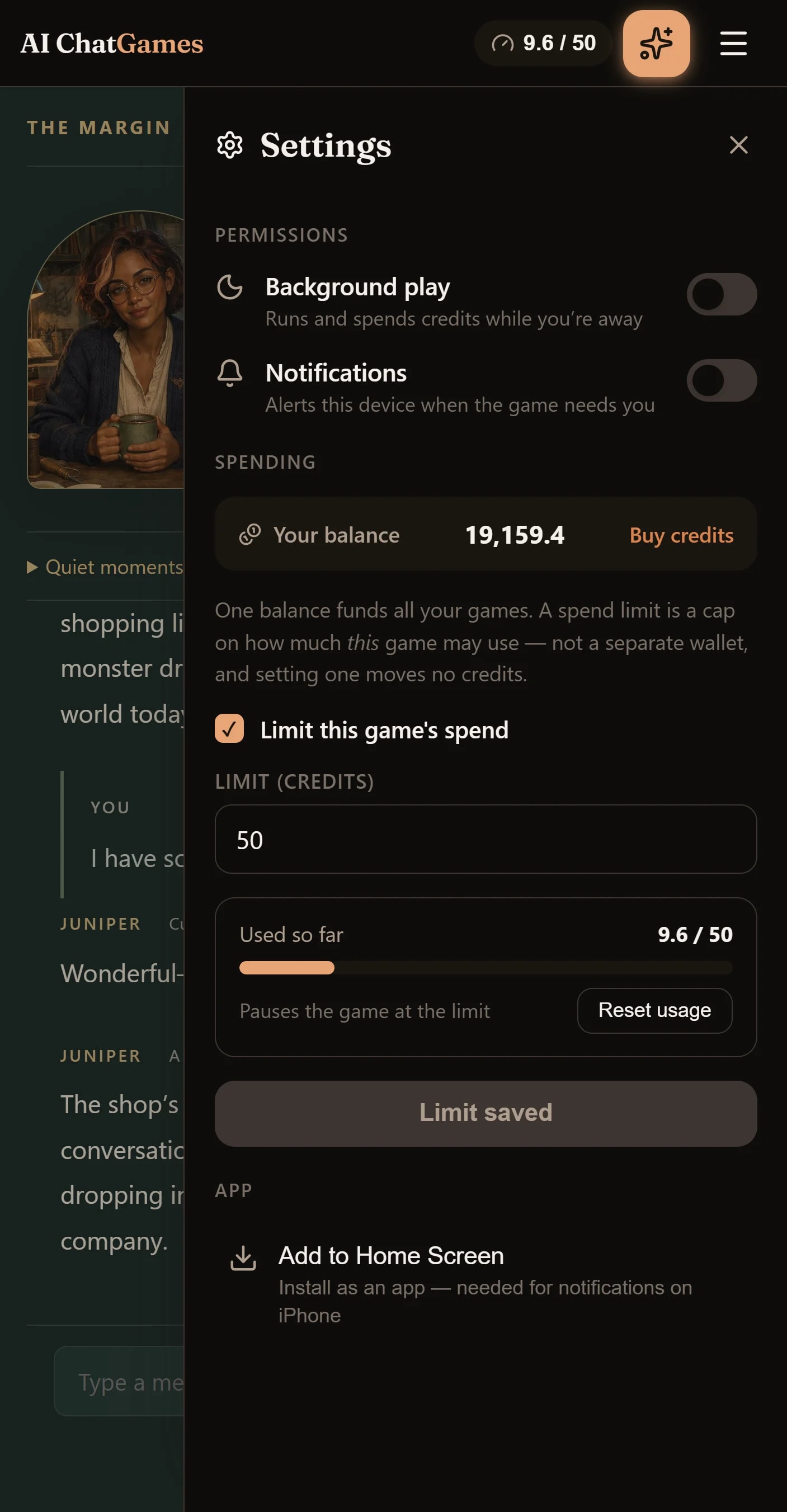 The Margin’s settings panel on a phone: Background play and Notifications toggles under Permissions; under Spending, the account balance, a per-game spend limit of 50 credits with 9.6 used, which pauses the game at the limit; and Add to Home Screen, needed for notifications on iPhone.