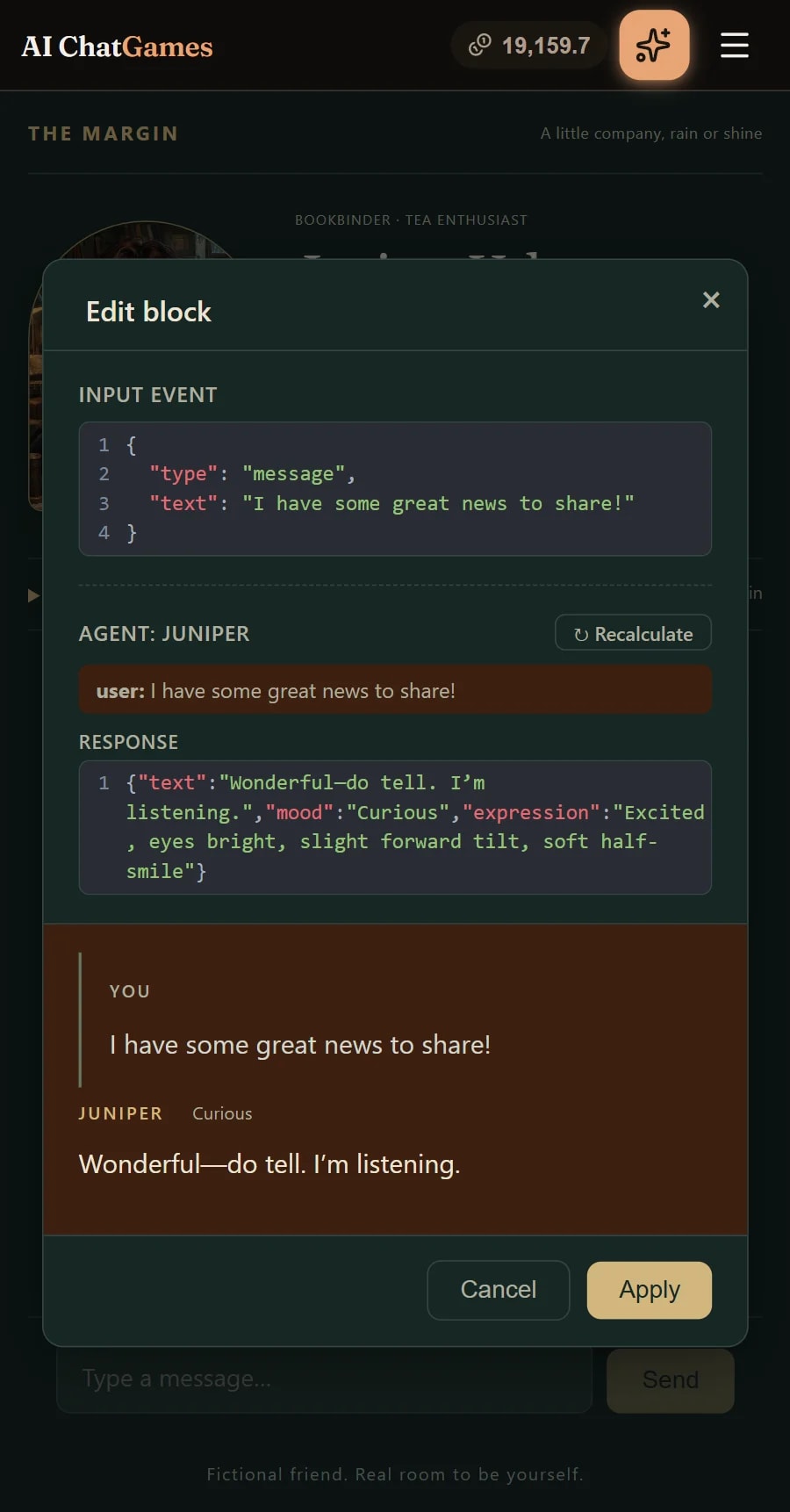 The turn editor on a phone: the input event as JSON, the message Juniper was sent, her JSON reply with its text, mood and expression, a Recalculate button, and the turn as it appears in the chat.