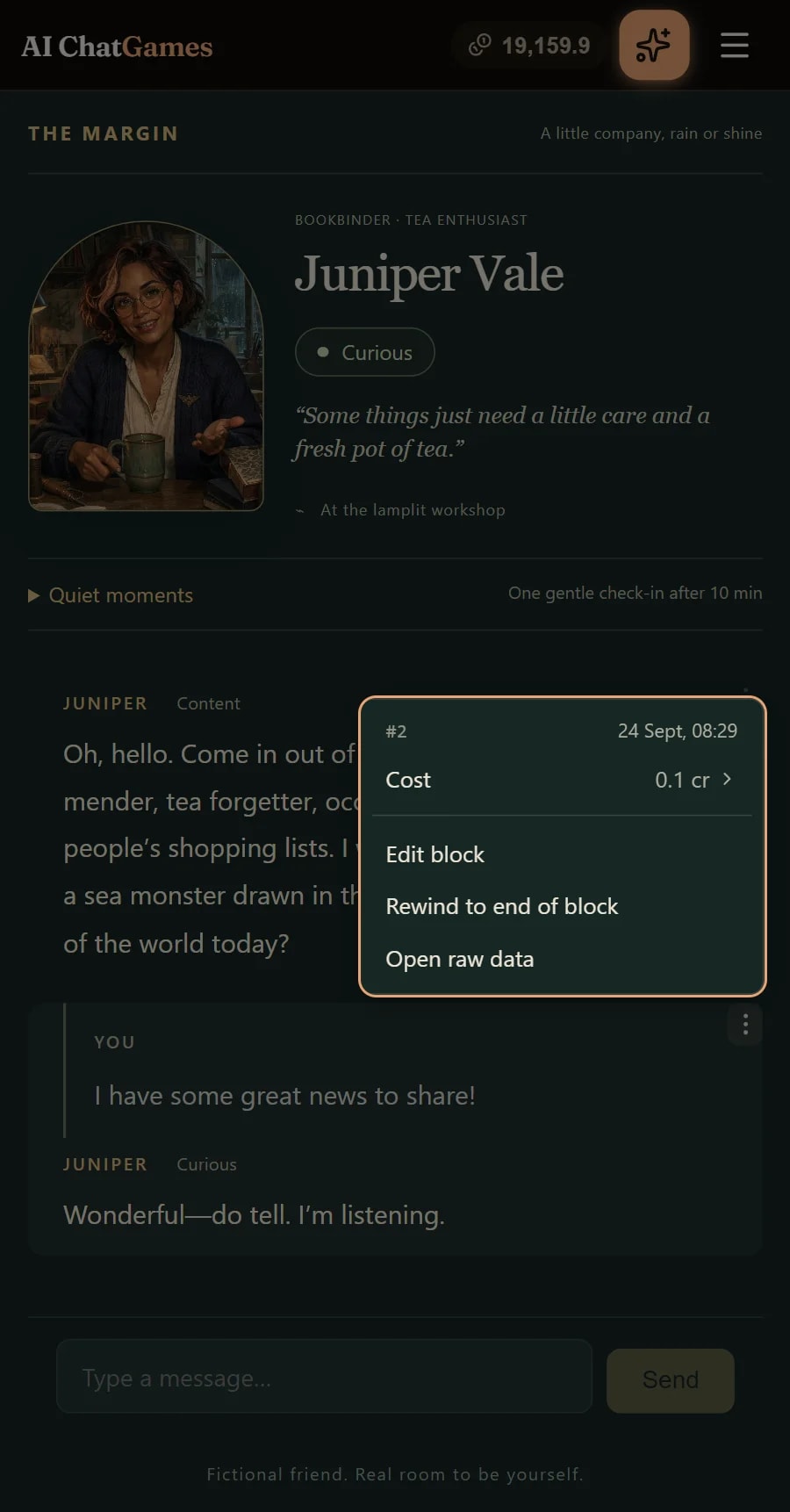 The Juniper game on a phone with a turn’s menu open and the rest of the screen dimmed: the turn’s number, time and cost, then Edit block, Rewind to end of block and Open raw data.
